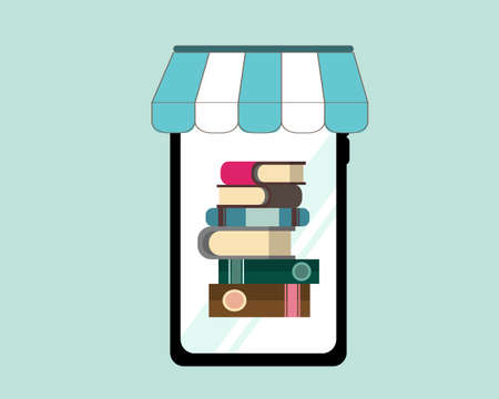 Shopping Book Online Concept. Smart Phone with Market Shop Symbol for graphic,applications,website, mobile apps, posters, flyers and banners design. Light Blue Backgroundのイラスト素材