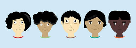 Set of human faces.Female and Male diverse Face ,hairstyle and skin color.happy smile.Vector Illustrator for graphic designのイラスト素材