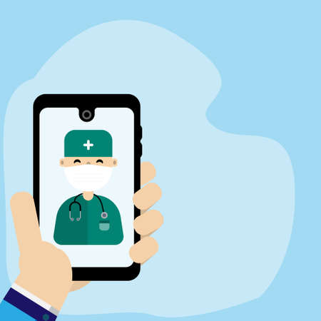 Patient Hand holding smartphone with young male doctor.Video Call for consultation. Online medical services health care concept with copy space for banner,website, and print. Vector flat illustration.のイラスト素材