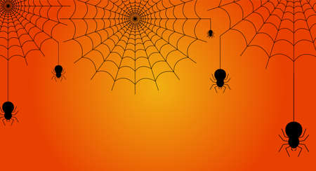 Black Spider Hanging from Cobweb on Orange Background with Copy Space. Halloween Concept. Design for banner,poster,website,header,wallpaper.Black Spider Hanging from Cobweb on Orange Background with Copy Space. Halloween Concept. Design for banner,poster,website,header,wallpaper. Vector Illustrationのイラスト素材