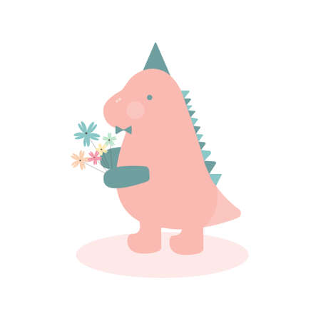 Pink Male dinosaur holding a bouquet of flowers Isolated on white background. Dino for Kids postcard,poster,wallpaper,product,fabric,t-shirt,print. Vector Illustrationのイラスト素材