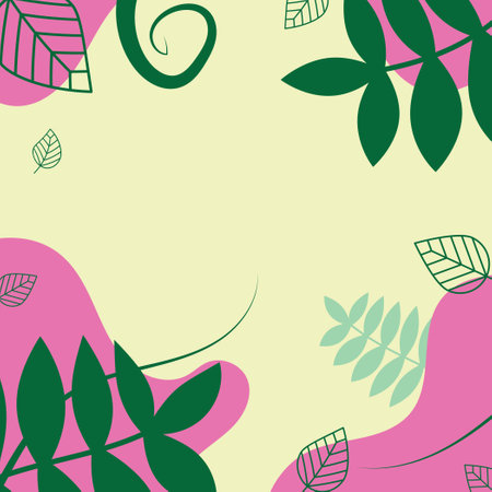 Nature Background with green leaves, pink organic shapes and copy space for text. Vector Illustrationのイラスト素材