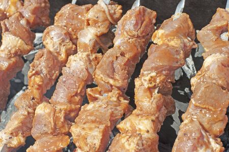 meat for a shish kebab on a brazierの写真素材