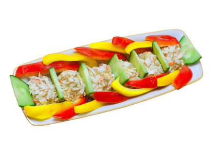 balls of crab meat with rice and meat chicken with sweet red peperの写真素材