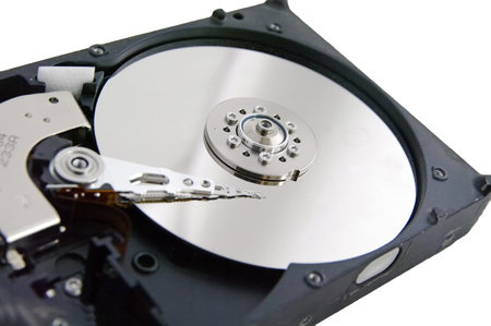 real open hard drive isolated on white ackground