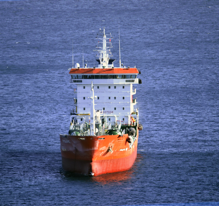 iced tanker red after a long transition in iceの写真素材