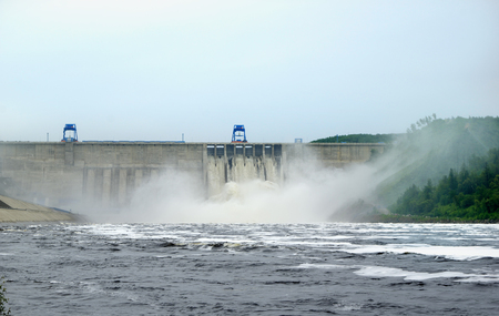 Bureya hydroelectric power station during the emergency release of water from the reservoirの写真素材