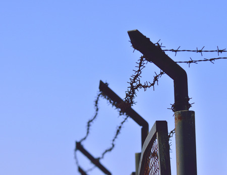 barbed wires On pillars against blue sky.の写真素材