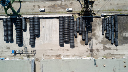 Large diameter tires at the port terminal before loading, top viewの写真素材