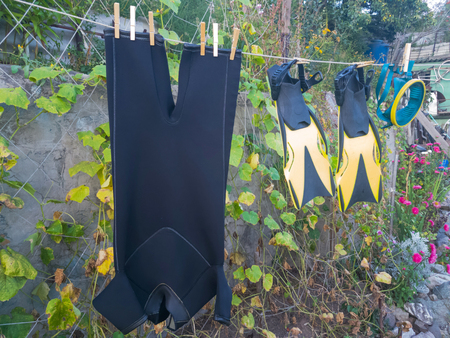 wetsuit, mask, fins dry on rope after swimming in the gardenの写真素材