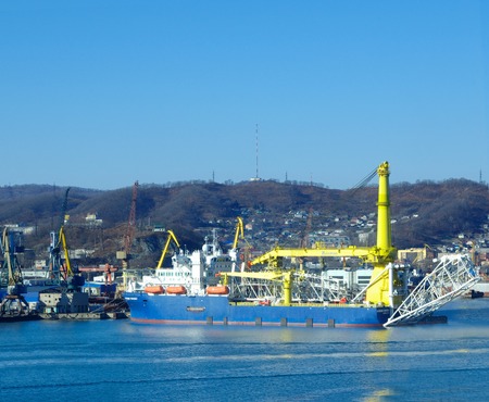 ship pipelayer academik cherskiy owned by Gazprom for repairs in port Nakhodka Russia 23.11.2017のeditorial素材