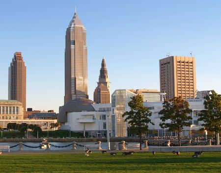 Downtown Cleveland, Ohio, in evening sunlight, seen from the lakefrontの写真素材