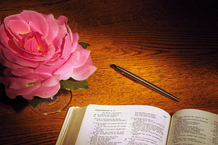 Bible open to Song of Solomon with pen and fabric roseの写真素材