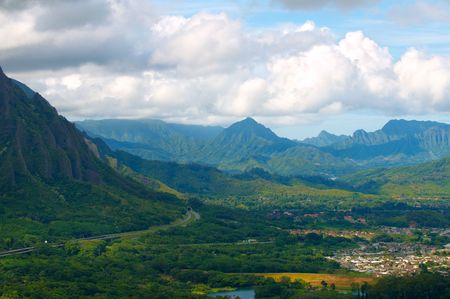 Dramatic view of Oahu's windward side from the Pali Lookoutの写真素材