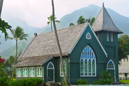 Green church building in Hanalei on the north side of Kauai, Hawaiiの写真素材