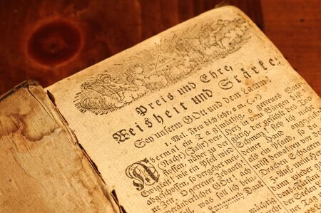 A very old German prayer book showing its age, printed in Fraktur typeの写真素材