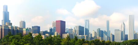 Panoramic shot of downtown Chicago looking north and west from the museum campusの写真素材