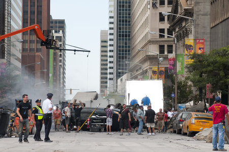 Cleveland - August 17, 2011: Production of the blockbuster movie The Avengers on a blocked-off...