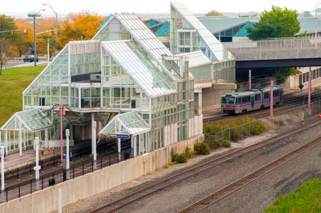 Cleveland, OH - October 5 A rapid transit train approaches the North Coast station in Cleveland, Ohio   This station on the RTA Waterfront Line provides access to the Rock and Roll Hall of Fame and the Great Lakes Science Center のeditorial素材