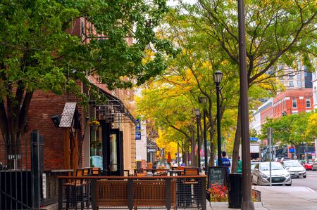 CLEVELAND, OH - OCTOBER 5: The trendy club and restaurant district of West 6th Street in Cleveland Ohio, with al fresco dining on the sidewalks, begins to come alive on an October morning.のeditorial素材