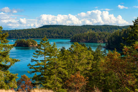 Scenic view inland from Deception Pass, Washington, looking over the waters of Skagit Bayの写真素材