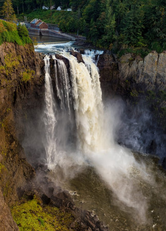 Vertical panoramic of Snoqualmie Falls, Washington, about 30 miles east of Seattle