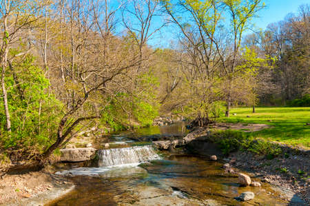 A small waterfall on a creek in a Cleveland-area park with the first greening of springの写真素材