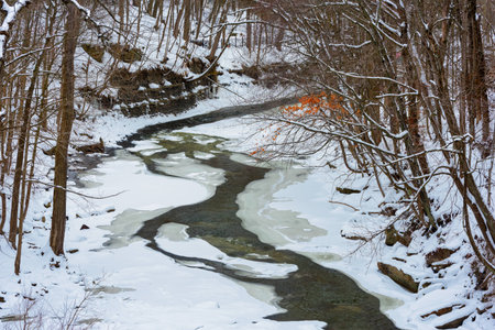 The Chagrin River cuts a narrow channel through ice and snow below the falls in Chagrin Falls, Ohio