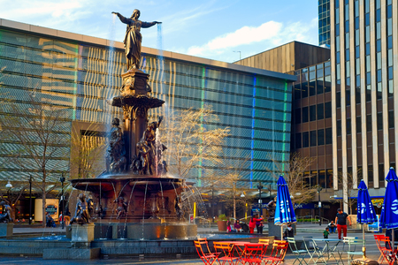 CINCINNATI, OH - APRIL 12, 2018: The Tyler Davidson Fountain, titled The Genius of Water, is the centerpiece of this cityâs main plaza. The bronze statue, was dedicated in 1871 and refurbished in 2006.のeditorial素材