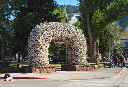 JACKSON, WY, USA - SEPTEMBER 8, 2020: One of the famed elk antler arches at the four corners of Jackson Square, the heart of this western tourist and outdoor sports mecca.のeditorial素材
