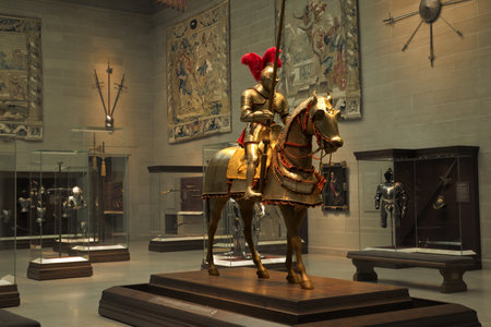 CLEVELAND, OH, USA - MAY 14, 2021: A knight in full armor on horseback takes center place in the Armor Court in the Cleveland Museusm of Art; the Armor Court is one of the museum's most popular exhibits.のeditorial素材