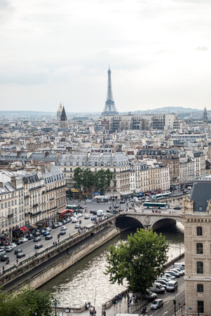 Paris, France; 10/07/2014: Aerial view of Paris from the Notre Dame Cathedral with the Seine River, buildings of the center of the capital and the Eiffel Towerのeditorial素材