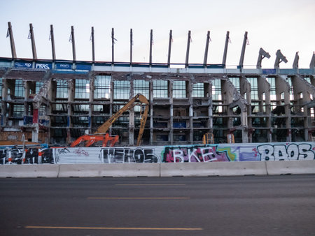 Madrid, Spain; 04/30/2020: Demolition of the Vicente Calderon football stadium that was home to Club...