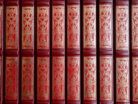 Front view of the books of an encyclopedia placed on a shelfの写真素材