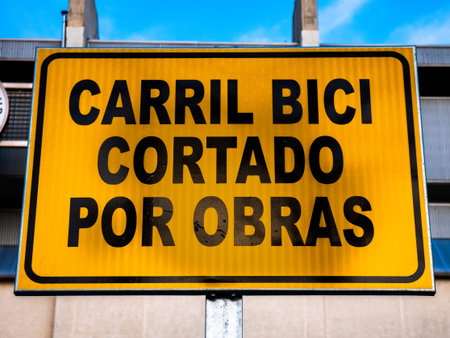 Santander, Cantabria, Spain; 12/28/2019: Yellow traffic sign with the text: bicycle lane cut for...