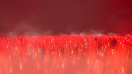 3d rendering of red glowing metal bars on a smoking lava and a red sky with white smoke in the...