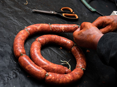 Hands of a working woman stained with adobo closing the intestines of the pig already stuffed with meat and spices and closing with rope to make sausages and let them smoke on a black tableの写真素材