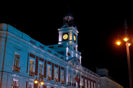 Detail of the building of the Royal Post Office in the Puerta del Sol square in Madrid with...