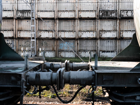 Ponferrada, Spain; 08-11-2021: Two wagons joined by the coupling with their buffers facing each other and a pile of metal containers glued to the bottom forming a vertical structureのeditorial素材