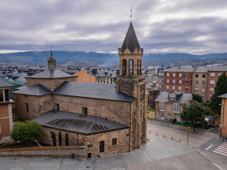 Ponferrada, Leon, Spain; 12-12-2021; Aerial view of the San Andres Church in Ponferrada, located at the foot of the castle and next to the old town, surrounded by the buildings of the areaのeditorial素材