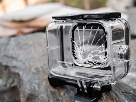 Transparent casing of a sports camera destroyed and unusable due to the impact on the ground of the lens part showing a good blow with the glass completely broken and deterioratedの写真素材
