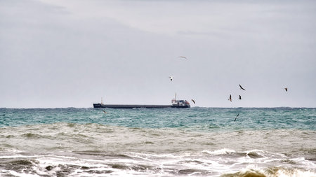 Empty cargo container ship sailing near the coast on a day of strong waves
