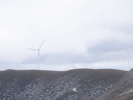 Wind turbines (wind generator) of a wind farm located on top of a mountain in the Bierzo region...
