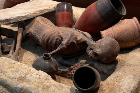 Recreation of an ancient Egyptian burial site with canopic jars, which were containers used to store the internal organs of the deceased during the mummification processの写真素材