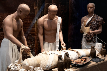 Reenactment of the mummification with bandages prior to burial in Egypt of the pharaohs.の写真素材