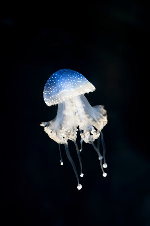 Elegant jellyfish with translucent body and glowing tentacles floating gracefully in dark ocean backgroundの写真素材