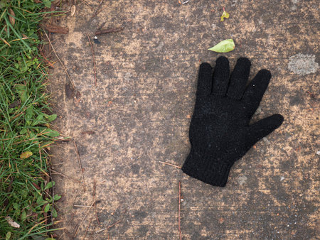 Aerial view of a black wool glove, completely soaked, lying on the reddish pavement of a cement floor, next to a grassy area where the artificial surface endsの写真素材
