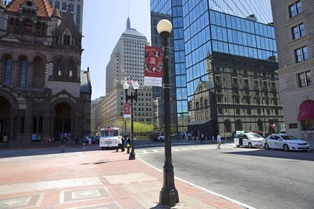 Trinity Church reflecting on John Hancock tower in Copley Square Bostonのeditorial素材