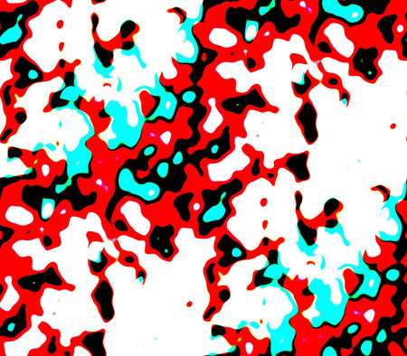 Seamless abstract background in green, red, pink, yellow and white, dark spots and lines, holes and blots with long tails and meek, gentle and spiritedの写真素材