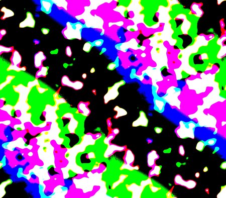 Abstract seamless background of yellow and green, red and pink with black and white, blue tones. Bright lines, spots, dots, ribbon and blots, circles, rough and blurred, with a clear outline.の写真素材